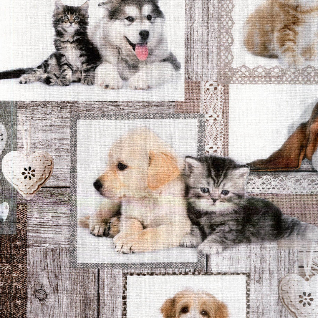 Bedste Venner – Tekstilvoksdug med hundehvalpe og killinger, motiv