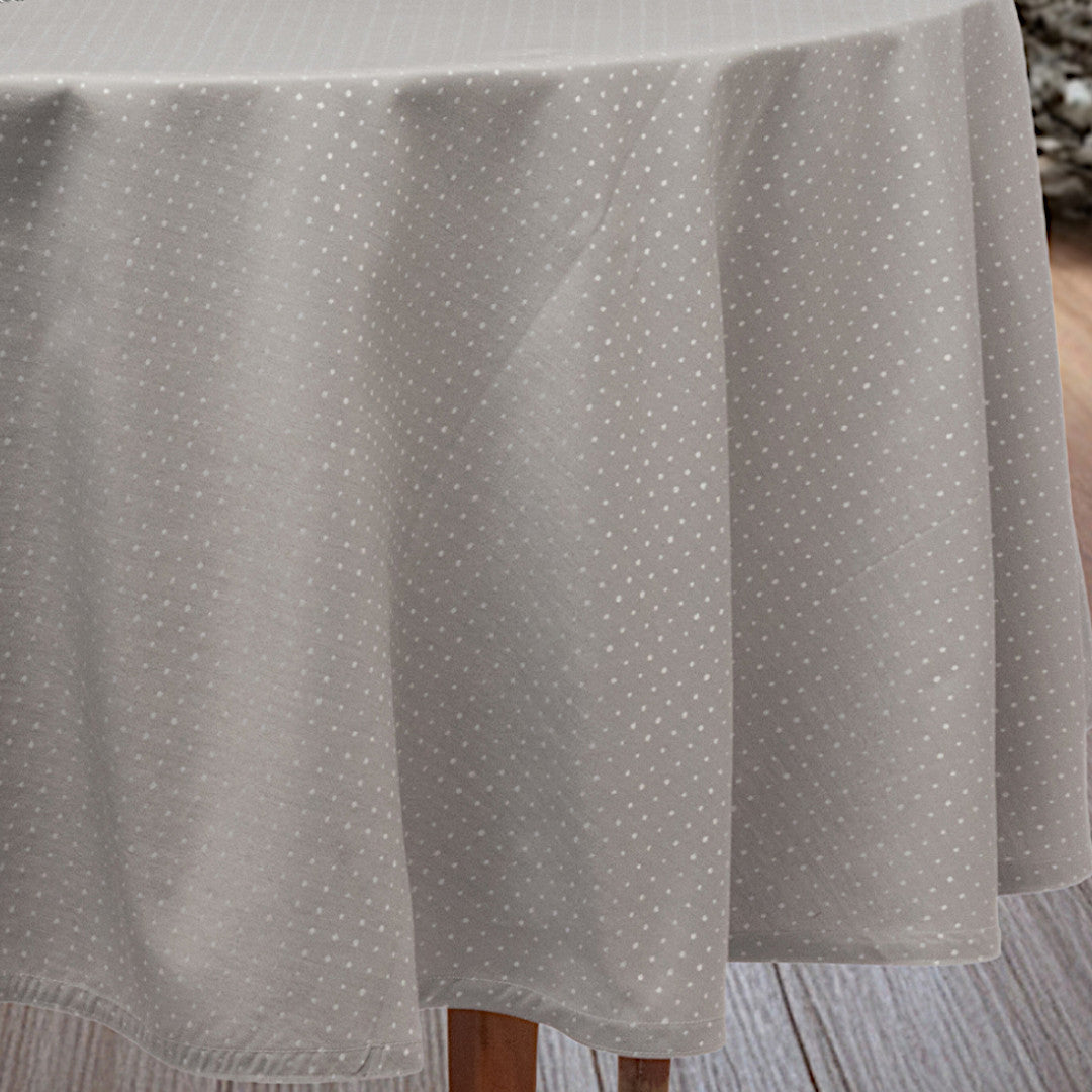 Dotea Grå Blå – Rund damaskdug med diskret prikmønster Ø200 cm, hjørne