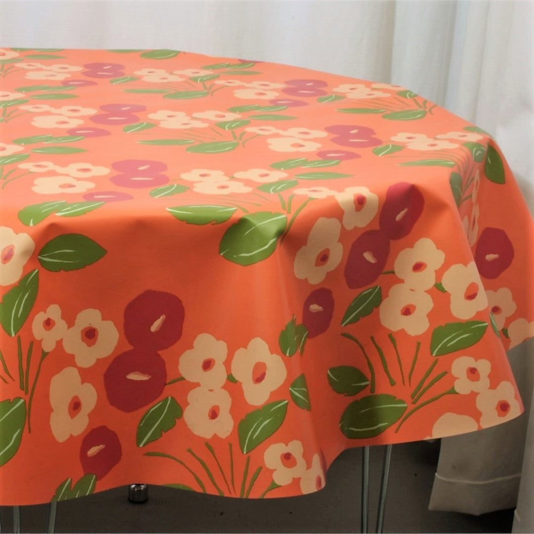 Lola voksdug – Bloom Vivid Coral med farverigt blomstermotiv, rund