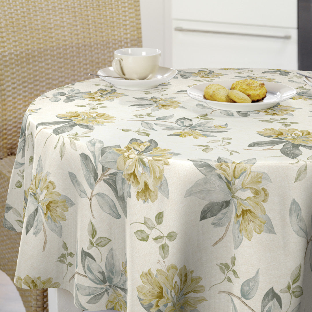 Nordfavn Fruehling Gul – Lys voksdug med blomster i varme forårstoner, rund