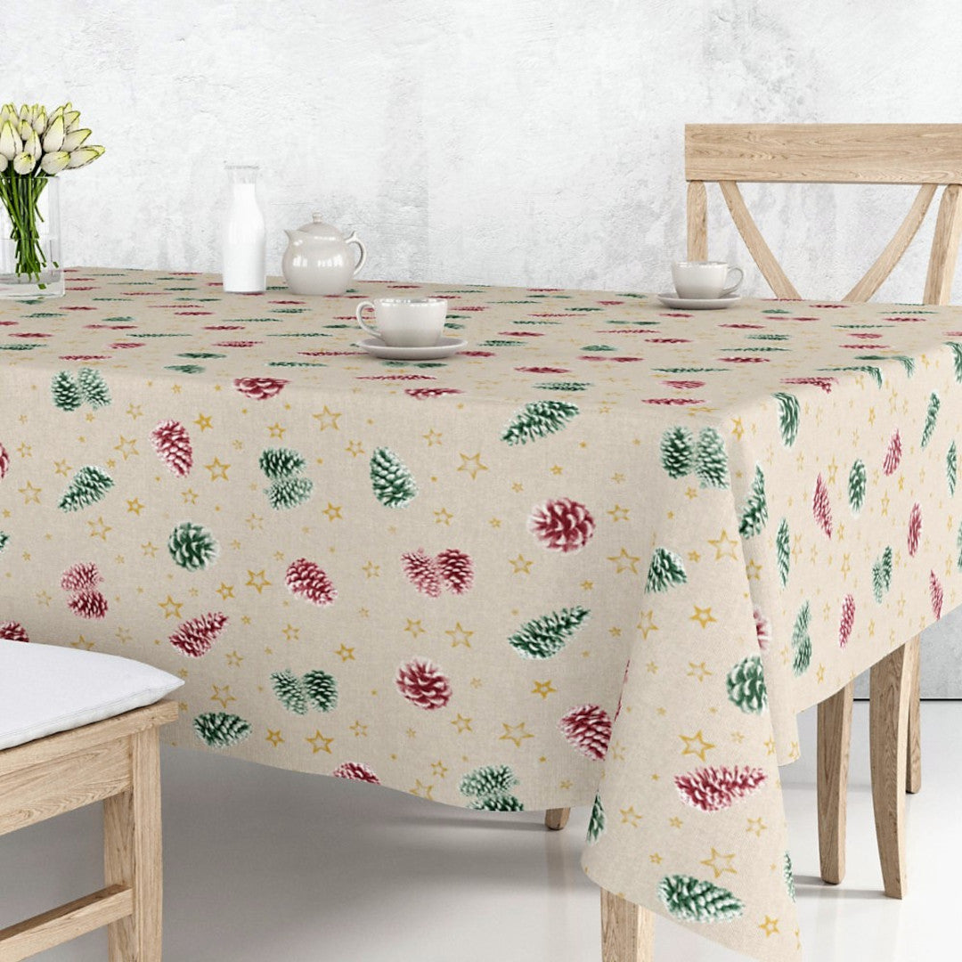 Nordfavn Pinas – Juletekstilvoksdug med grankogler og stjernedrys