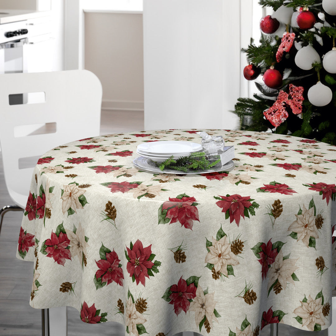 Nordfavn Poinsettia – Lys julevoksdug med klassisk blomsterdesign, rund