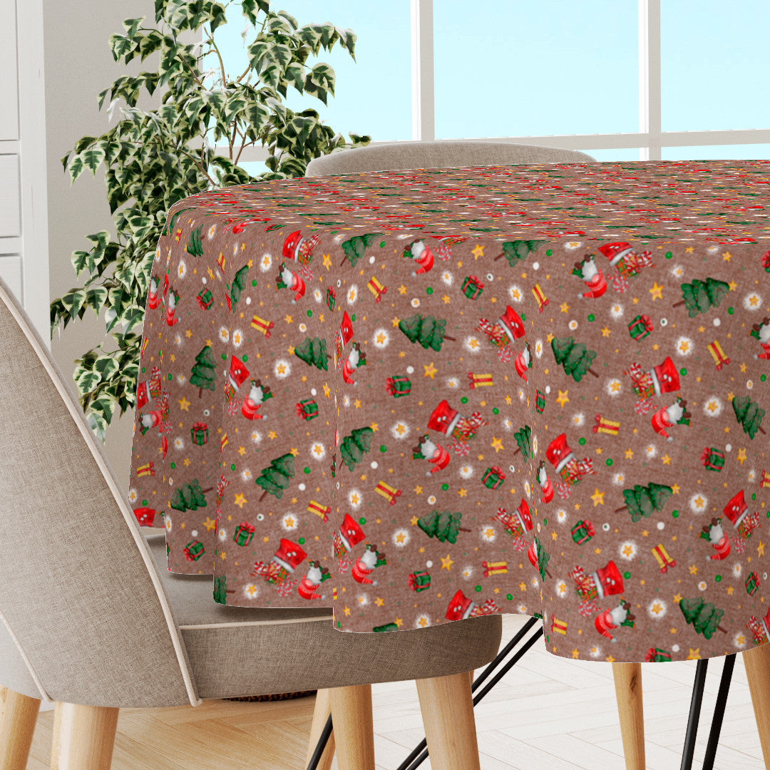 Nordfavn Regalos – Juletekstilvoksdug i brun med nisser og gaveglæde, rund