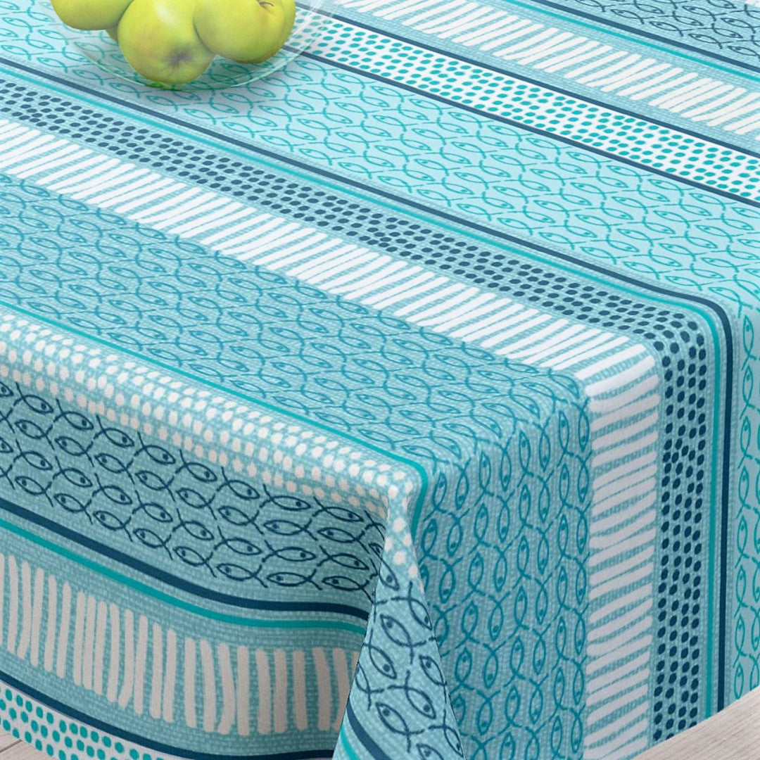 Palasca Blue – Tekstilvoksdug med maritimt mønster – 155 cm bred, hjørne