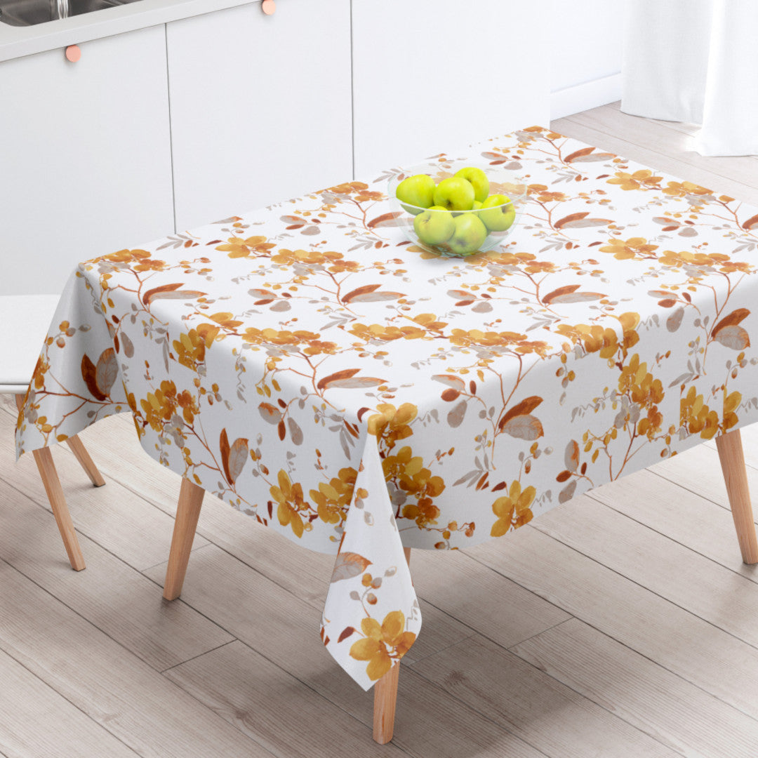 Vanda Mustard – Elegant hørdug med orkideer i varme nuancer