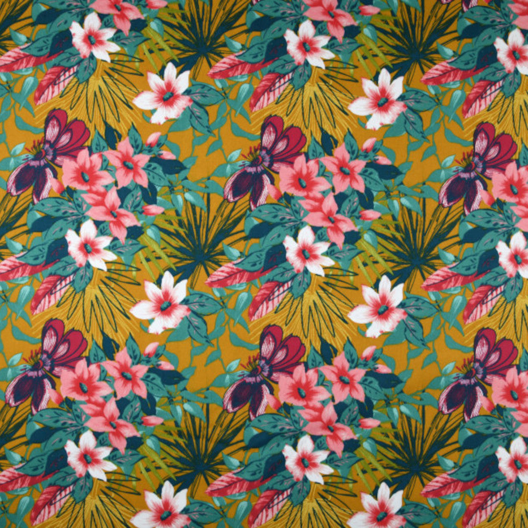 Ahuna Bloom Mustard – Tekstilvoksdug med tropiske blomster – 155 cm bred