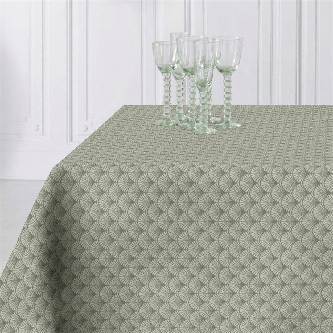 Amigoni Støvet Grøn - Jacquard vævet tekstilvoksdug, 160 cm bred