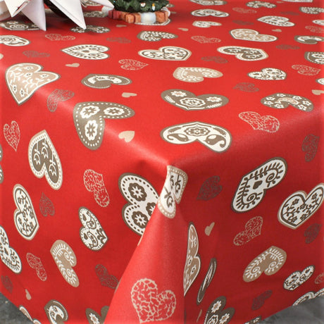 Boncoeur Red – Tekstilvoksdug med julehjerter – 155 cm bred, hjørne