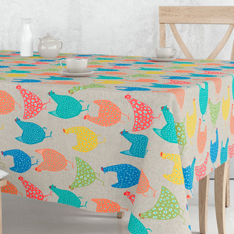 Colorful Hen Parade – Tekstilvoksdug med kulørte høns