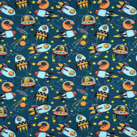Dino Space Blue-Green – Tekstilvoksdug med rumraketter – 155 cm bred, mønster