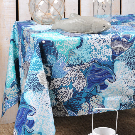 Exo Reef Blue – Tekstilvoksdug med koraller og fisk – 155 cm bred