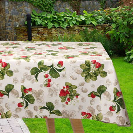 Fraises Danoises Sommereng – Tekstilvoksdug i hørlook med jordbær – 155 cm bred