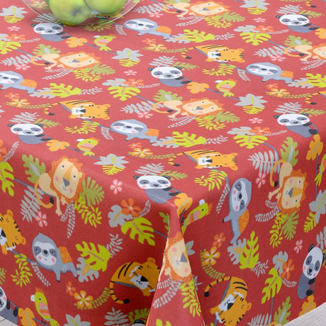 Jungle Friends Terracotta – Tekstilvoksdug med søde dyr – 155 cm bred, hjørne