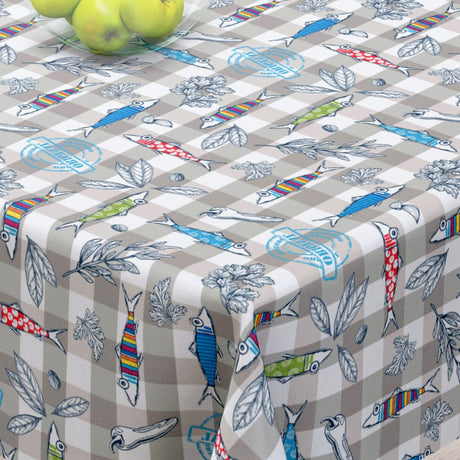 Maquereaux Grå – Akryldug med farverige fisk – 155 cm bred, hjørne