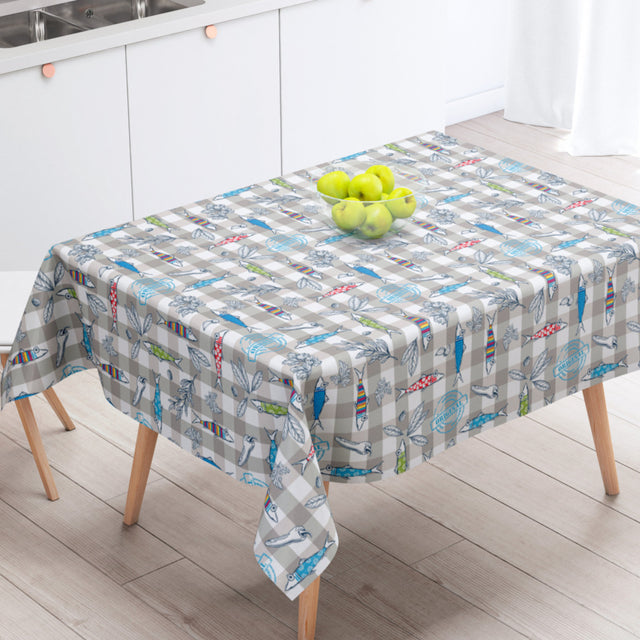 Maquereaux Grå – Akryldug med farverige fisk – 155 cm bred