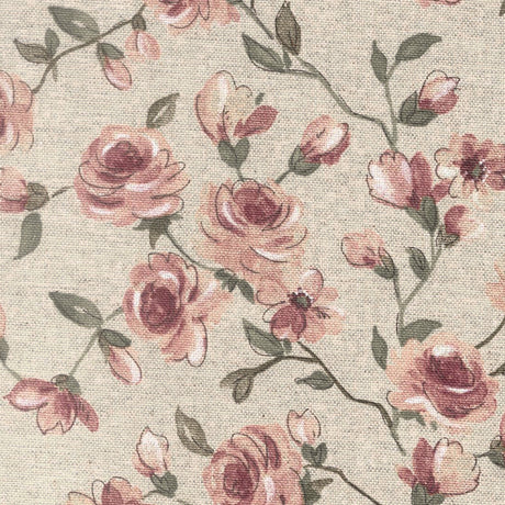 Natura delle Rose di Fionda – Tekstilvoksdug i hørlook med slyngroser, nærbillede