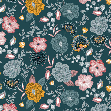 Nordfavn Chouchou Petroleum – Voksdug med dekorativt blomsterprint, motiv