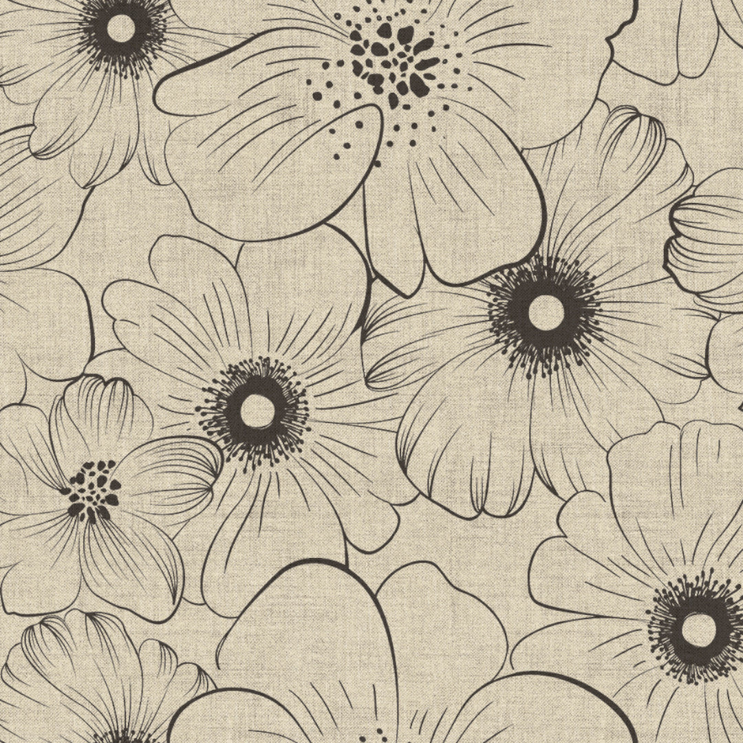 Nordfavn Cologne Beige – Grafisk voksdug med håndtegnede blomster i sort, motiv