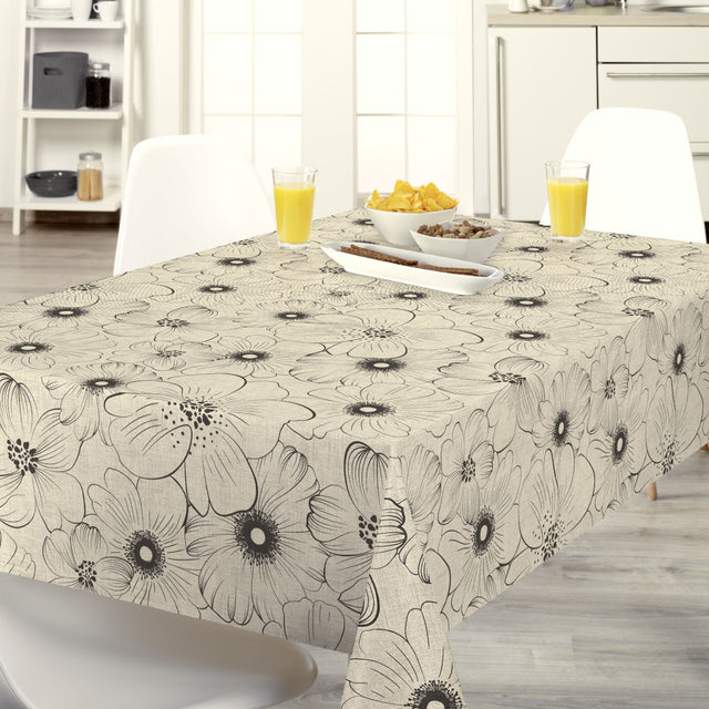 Nordfavn Cologne Beige – Grafisk voksdug med håndtegnede blomster i sort