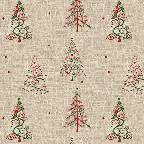 Nordfavn Crisp Evergreen – Juletekstilvoksdug med grafiske grantræer, motiv