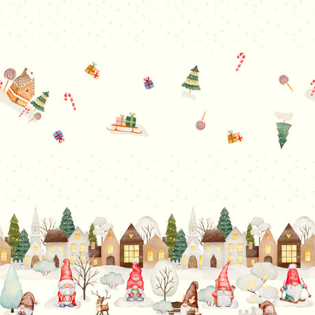 Nordfavn Elf Village – Juletekstilvoksdug med vinterby og nisser, motiv