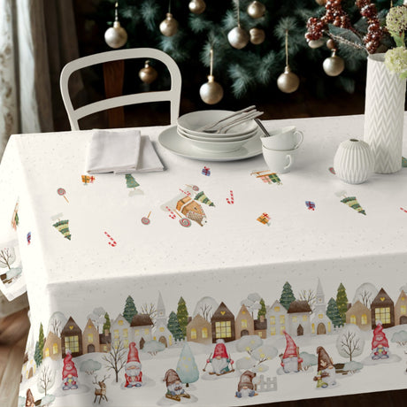 Nordfavn Elf Village – Juletekstilvoksdug med vinterby og nisser