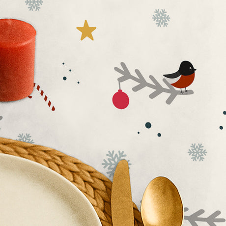 Nordfavn Eve Winterbirds – Juletekstilvoksdug med fugle og fine grene, nærbillede