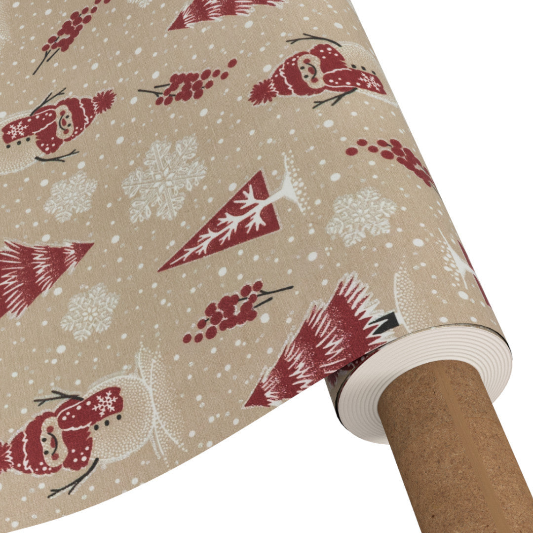 Nordfavn Frosty Glow – Juletekstilvoksdug med snemænd og funklende detaljer, rullet