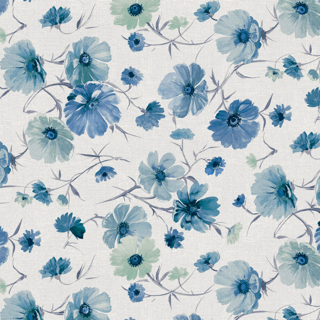 Nordfavn Gerbera Blå – Voksdug med let blomsterprint i blå toner, motiv