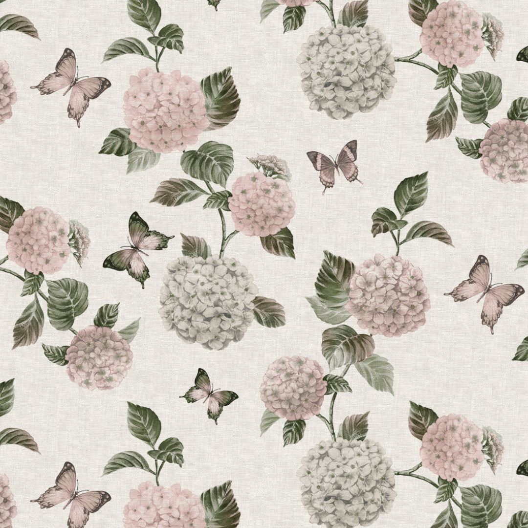 Nordfavn Hortensia Have – Voksdug med blomster og sommerfugle, motiv