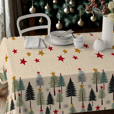 Nordfavn Joy – Juletekstilvoksdug med juletræer og stjerner