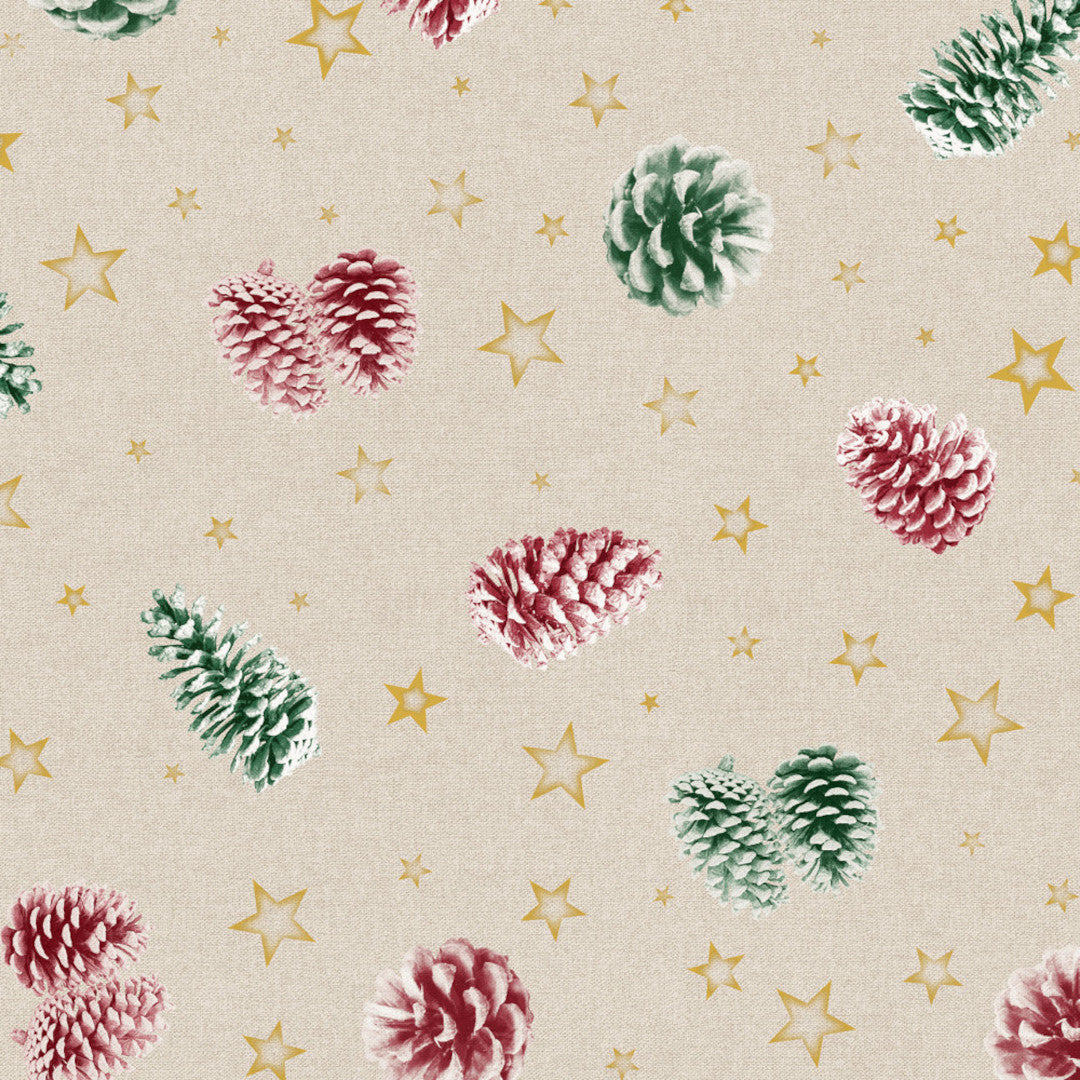 Nordfavn Pinas – Juletekstilvoksdug med grankogler og stjernedrys, motiv