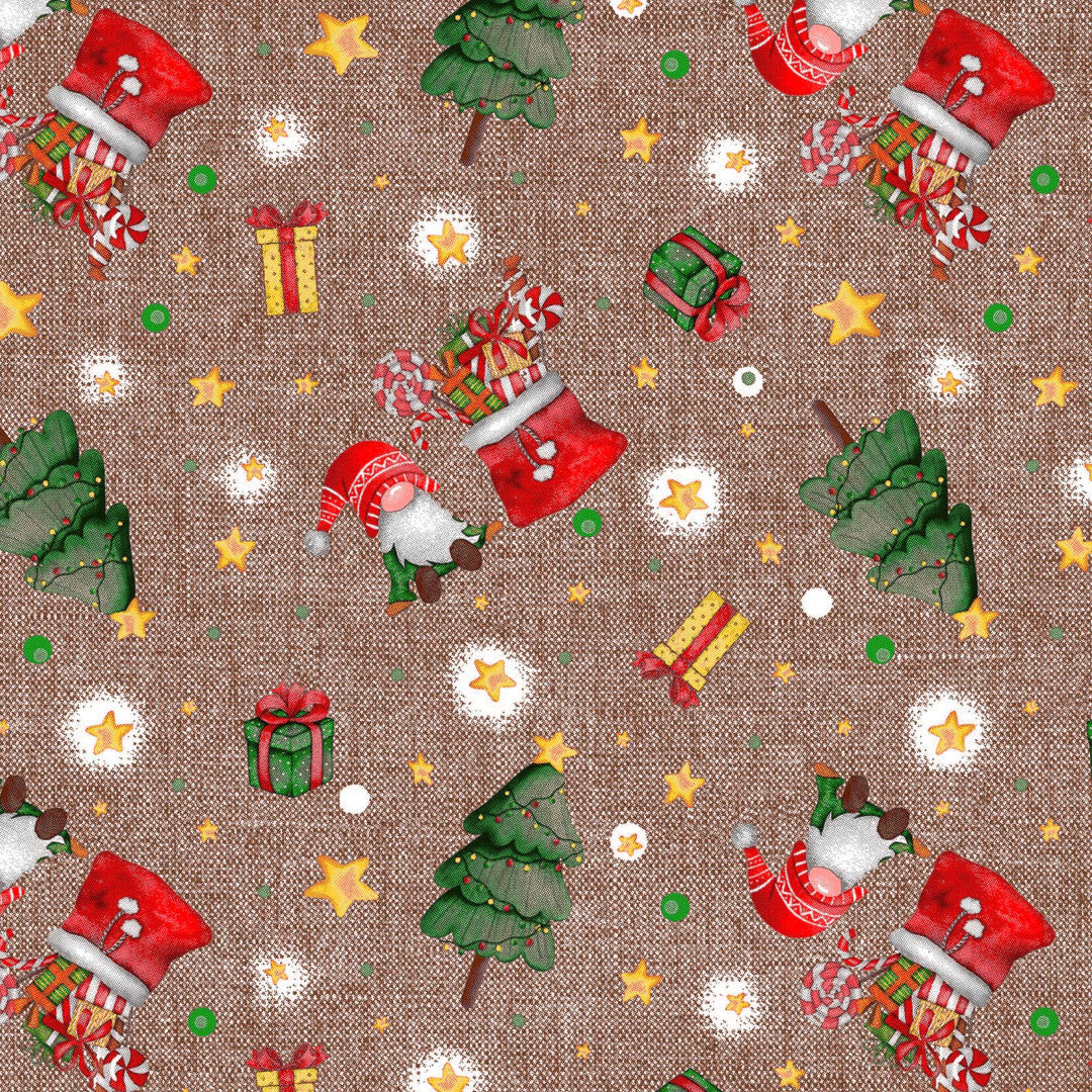 Nordfavn Regalos – Juletekstilvoksdug i brun med nisser og gaveglæde, motiv