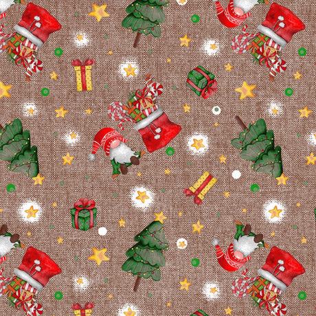 Nordfavn Regalos – Juletekstilvoksdug i brun med nisser og gaveglæde, motiv