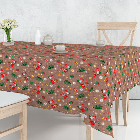 Nordfavn Regalos – Juletekstilvoksdug i brun med nisser og gaveglæde