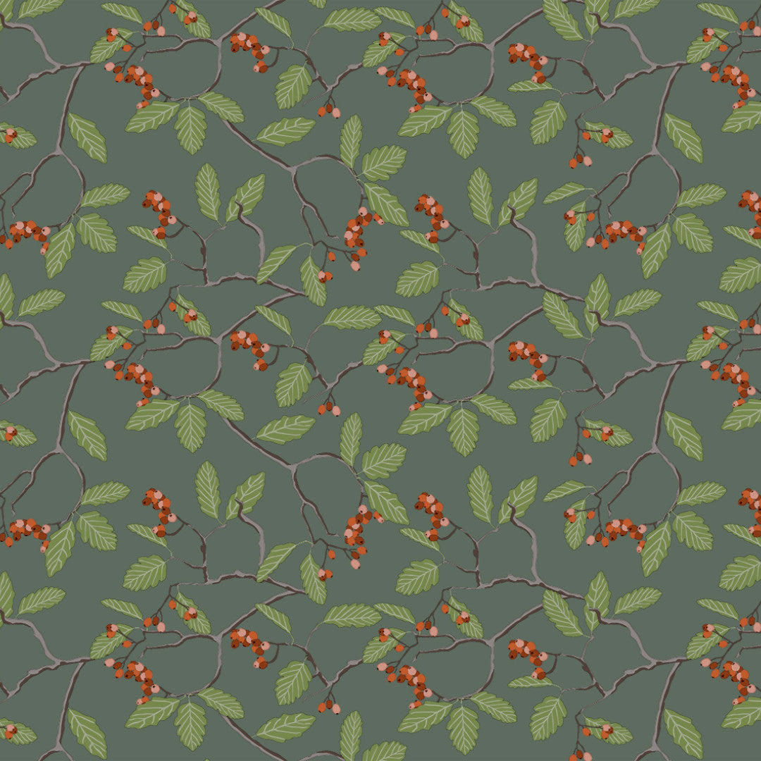 Nordfavn Winter Berry – Grøn julevoksdug med grene og røde bær, motiv