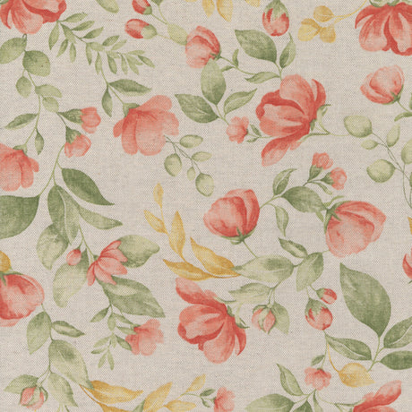 Roselia Bloom – Tekstilvoksdug i hørlook med bløde blomster, motiv