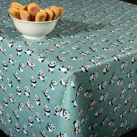 Sichuan Panda Mint – Tekstilvoksdug med små pandaer – 140 cm bred, hjørne