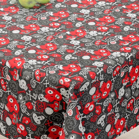 Skull Pop Red – Tekstilvoksdug med grafiske kranier – 155 cm bred, hjørne