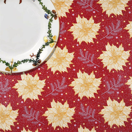 Stella Aurelia – Rød tekstilvoksdug med gyldne julestjerner og diskret glimmer – 155 cm bred
